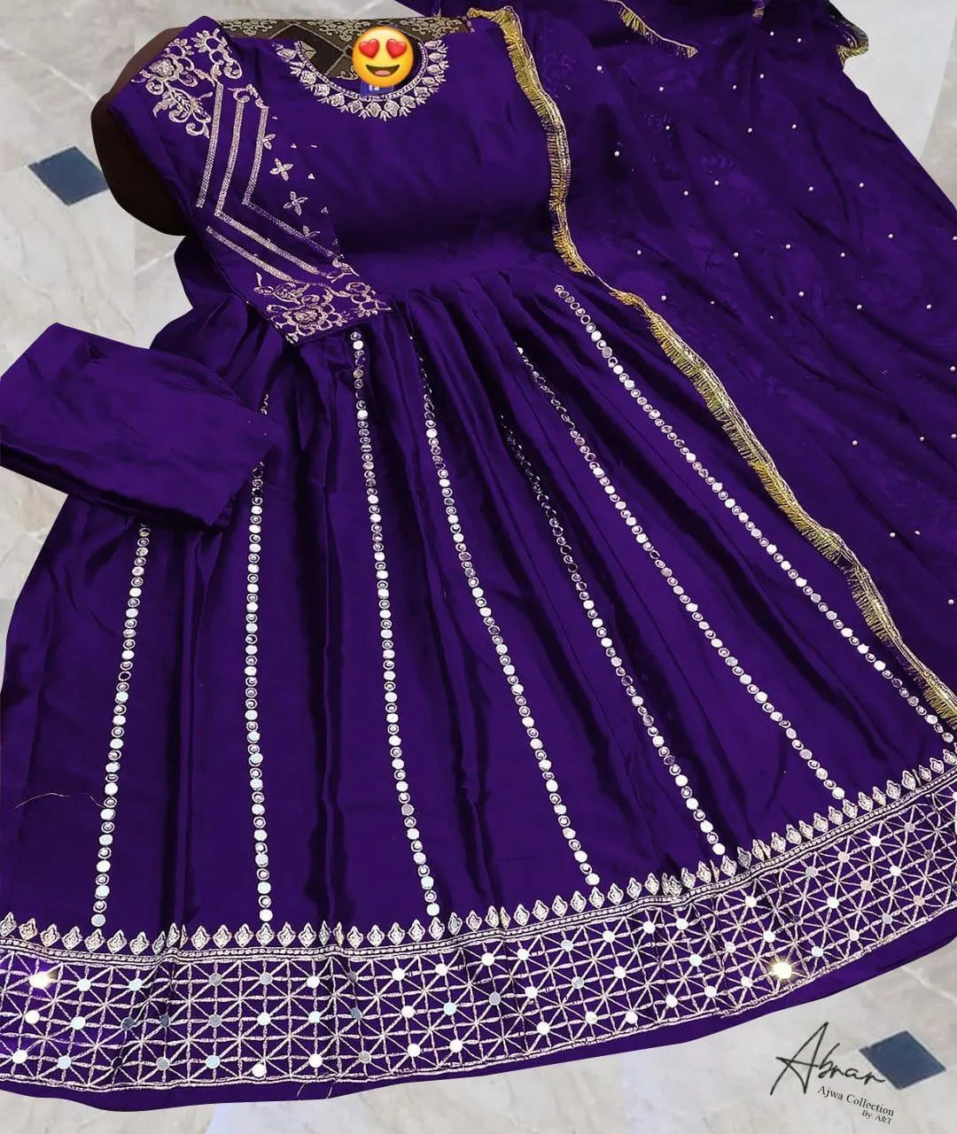 Purple Shamoz Silk 3-Piece Eid Suit with Mirror Work