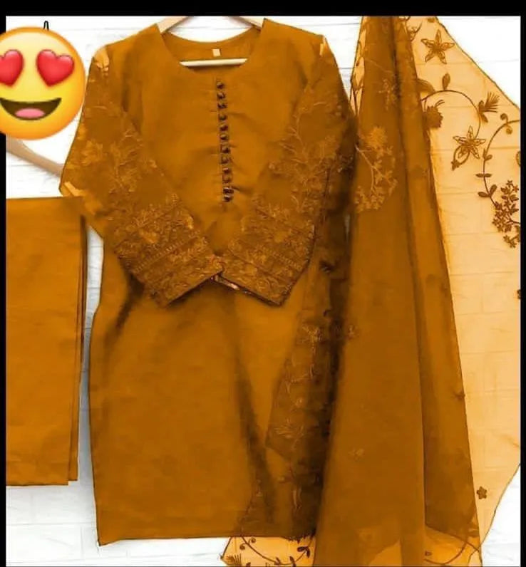 Women's Organza Embroidered Suit Mustard Eid Party Wear