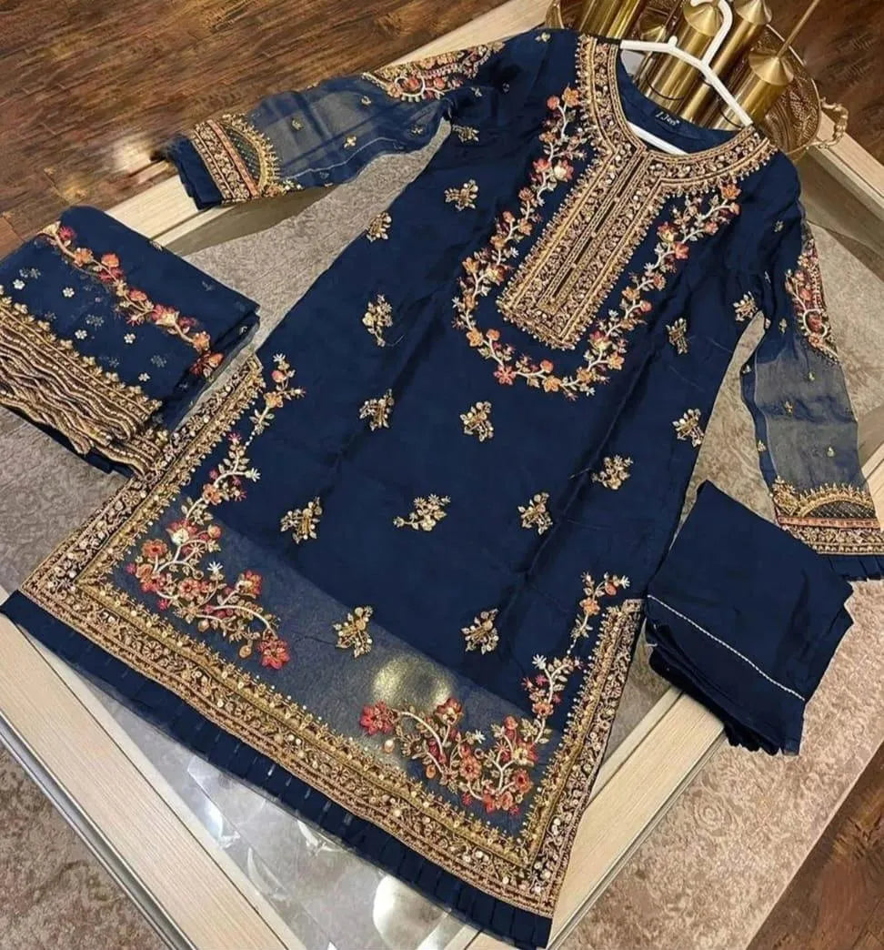 Deep Blue Embroidered 3-Piece Suit for Eid & Weddings