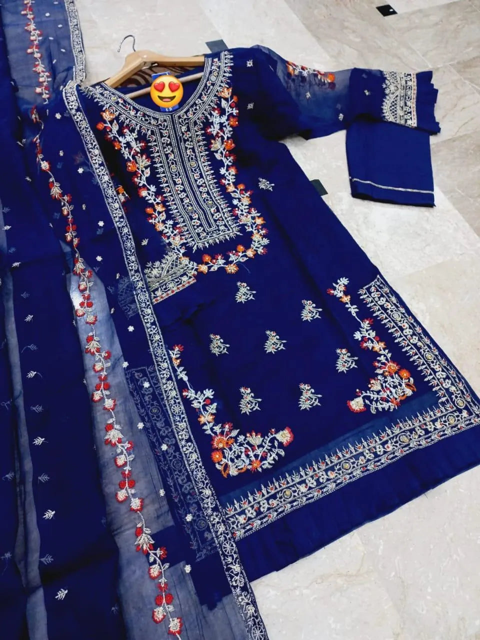 Deep Blue Embroidered 3-Piece Suit for Eid & Weddings