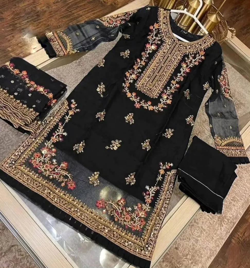 Black Embroidered 3Pc Organza Shirt With Pearls Dupatta