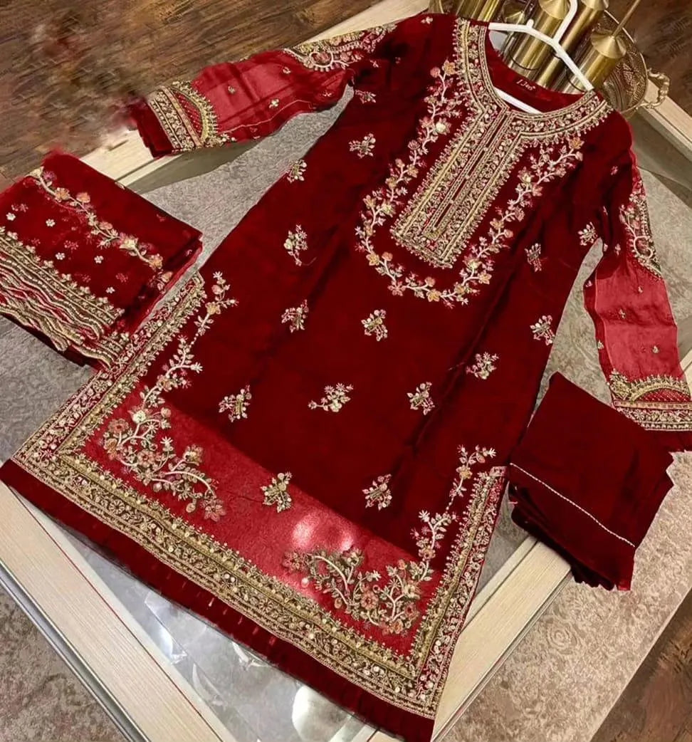 Maroon Embroidered 3Pcs Organza Suit for Eid Party Wear
