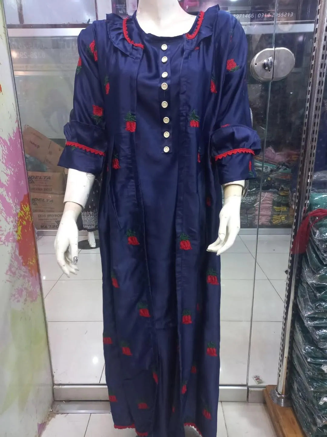Blue Shamoz Silk 3-Piece Gown Set with Rose Embroidery