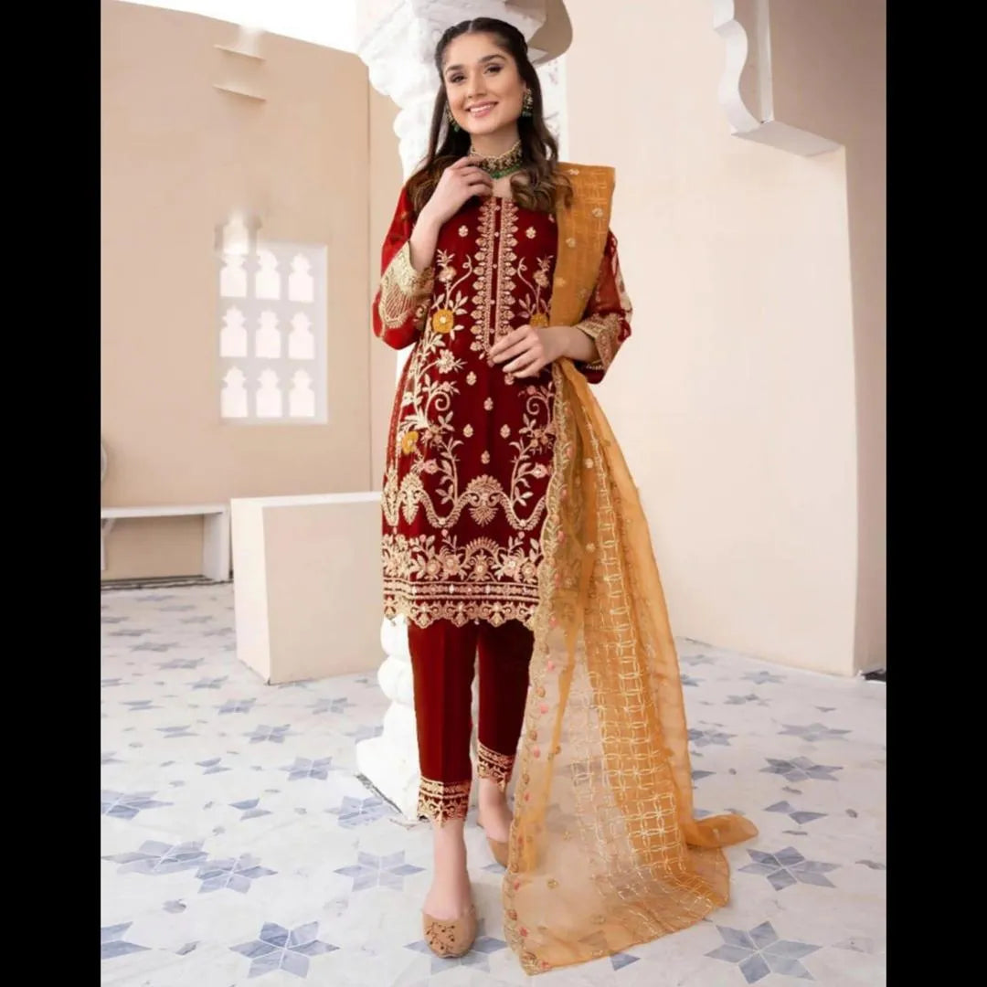 Maroon Embroidered 3-Piece Suit for Eid & Weddings