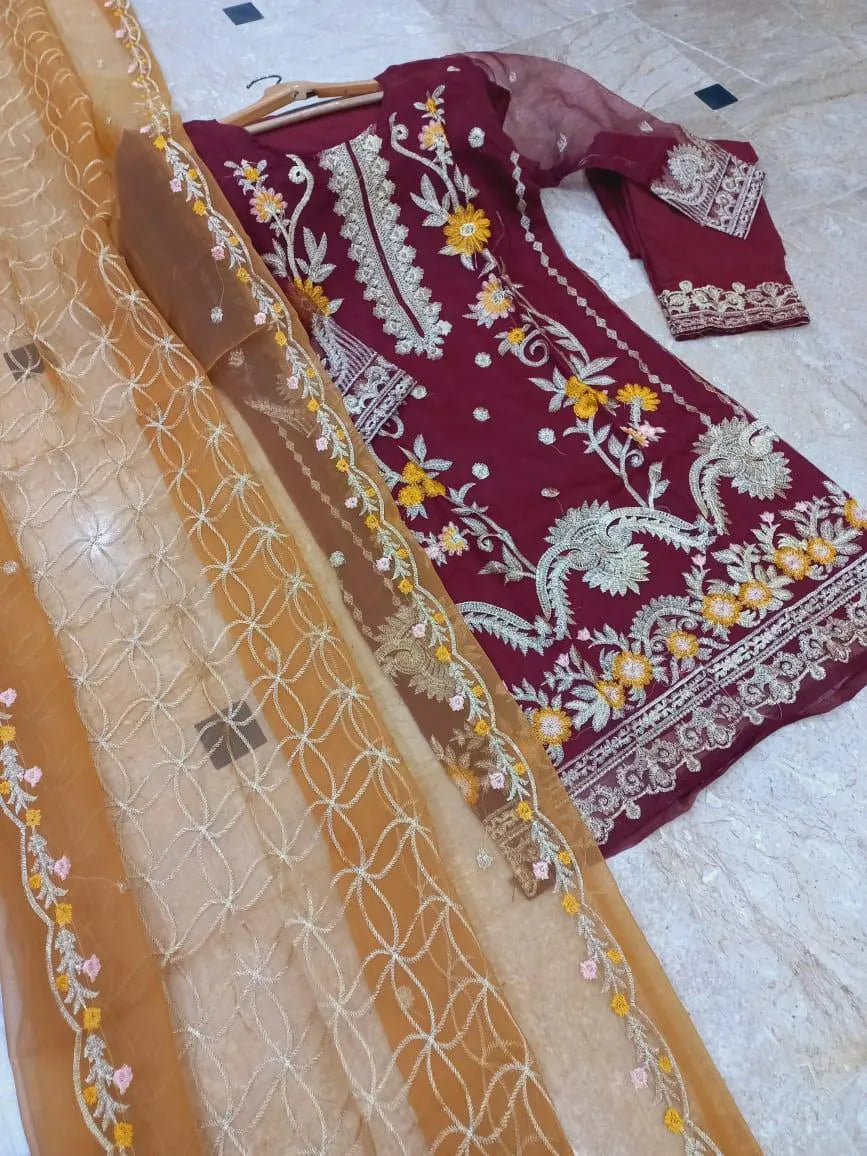 Maroon Embroidered 3-Piece Suit for Eid & Weddings