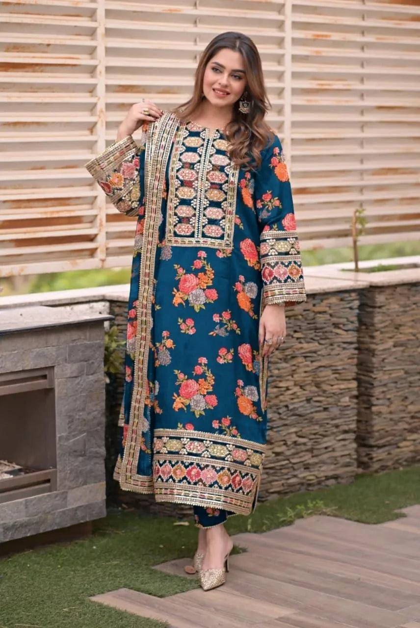 3 Piece Dori Swiss Lawn Suit Blue Floral Embroidered
