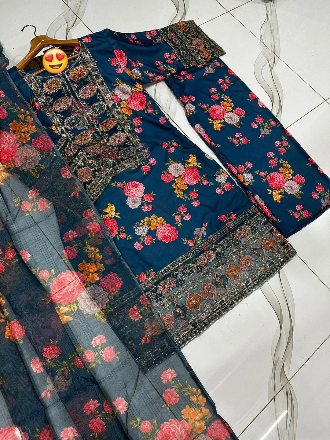 3 Piece Dori Swiss Lawn Suit Blue Floral Embroidered