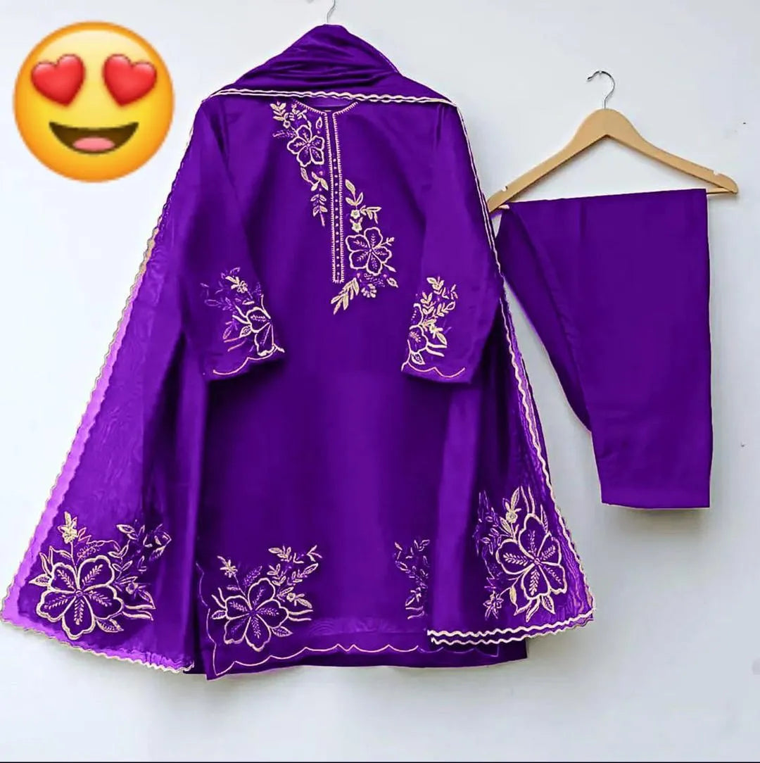 Purple Organza 3-Piece Suit with Gold Embroidery