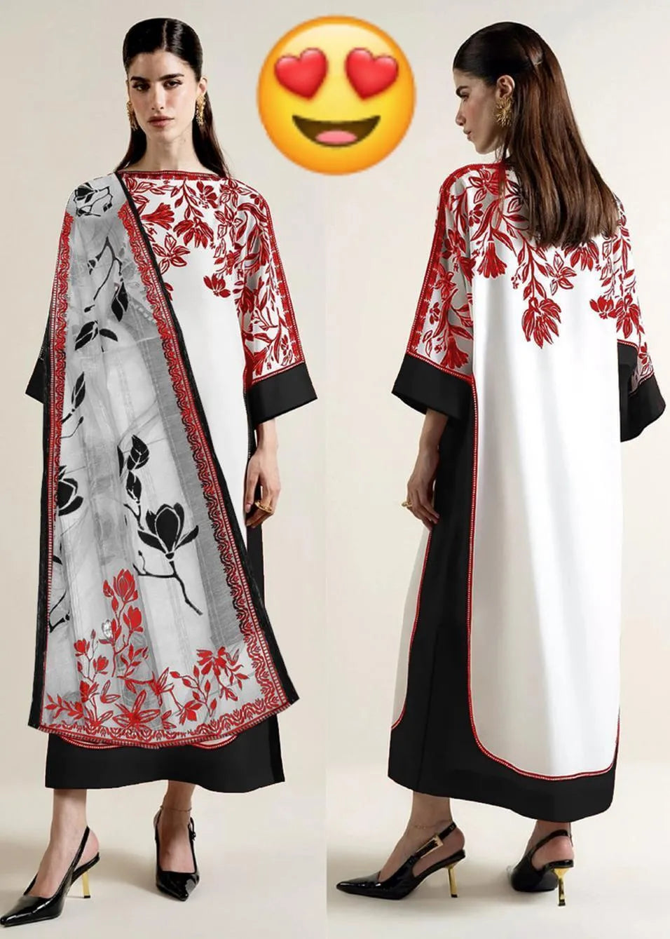 3 Piece Kaftan Suit Red Black Floral Print Free Size