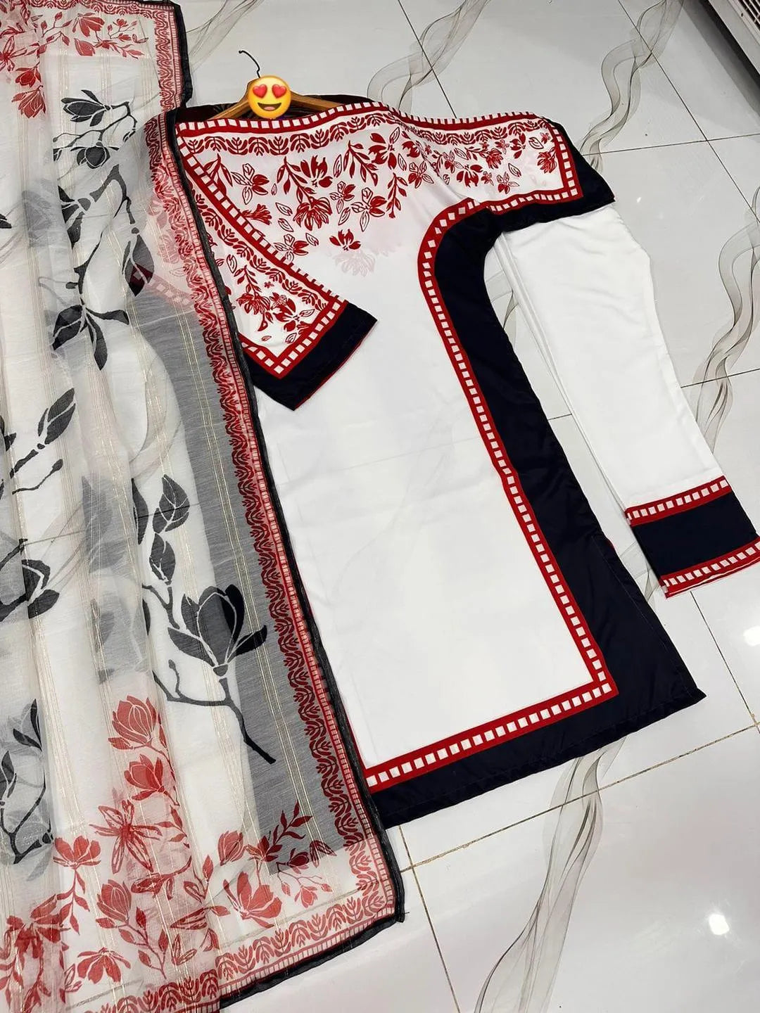 3 Piece Kaftan Suit Red Black Floral Print Free Size