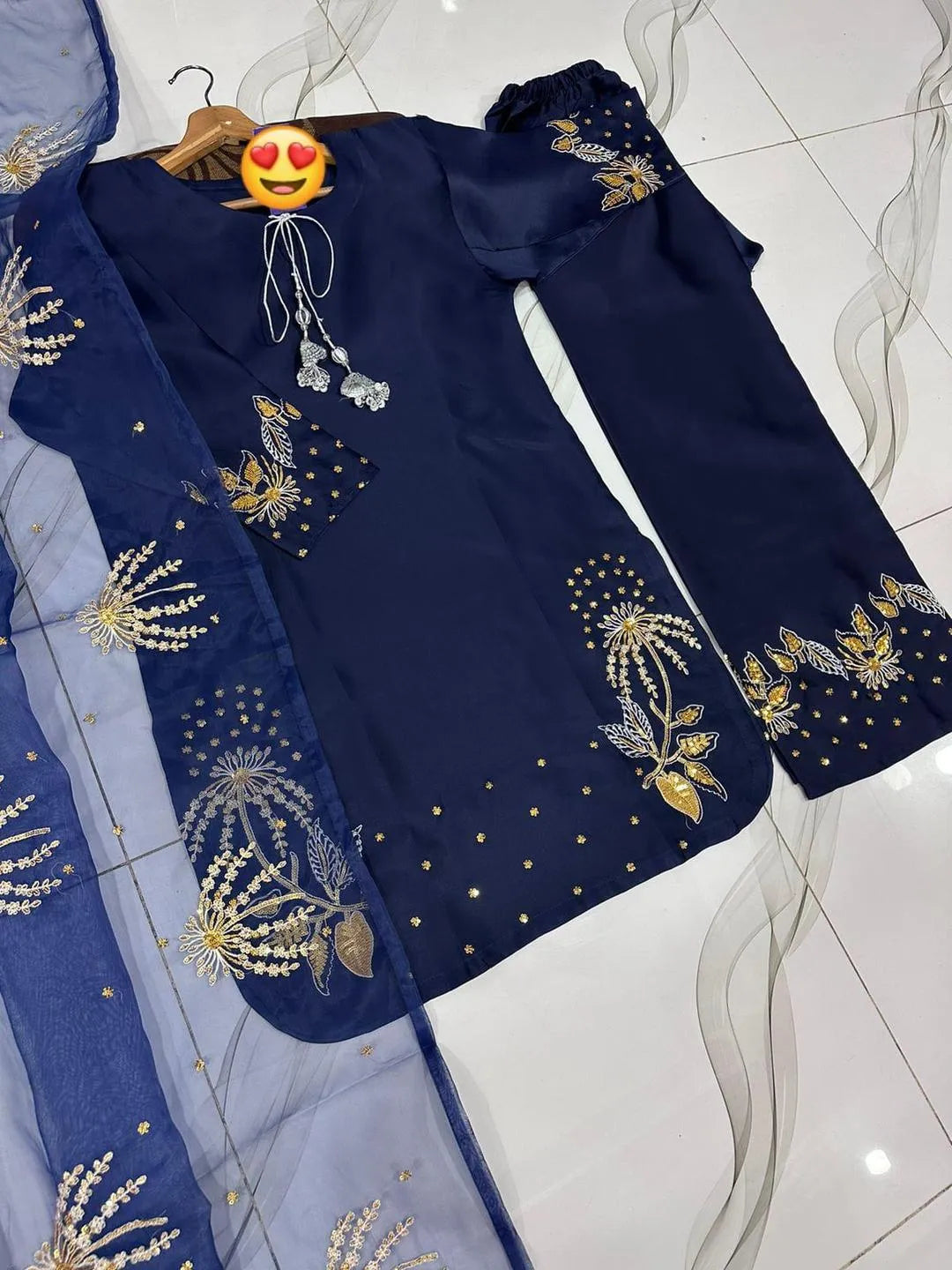 Silver Gold Sequence Embroidered 3Pcs Pakistani Suit