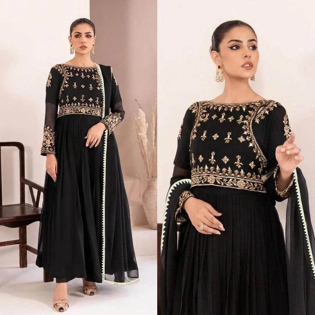 Black Embroidered Maxi Suit with Lace Dupatta & Trouser Set