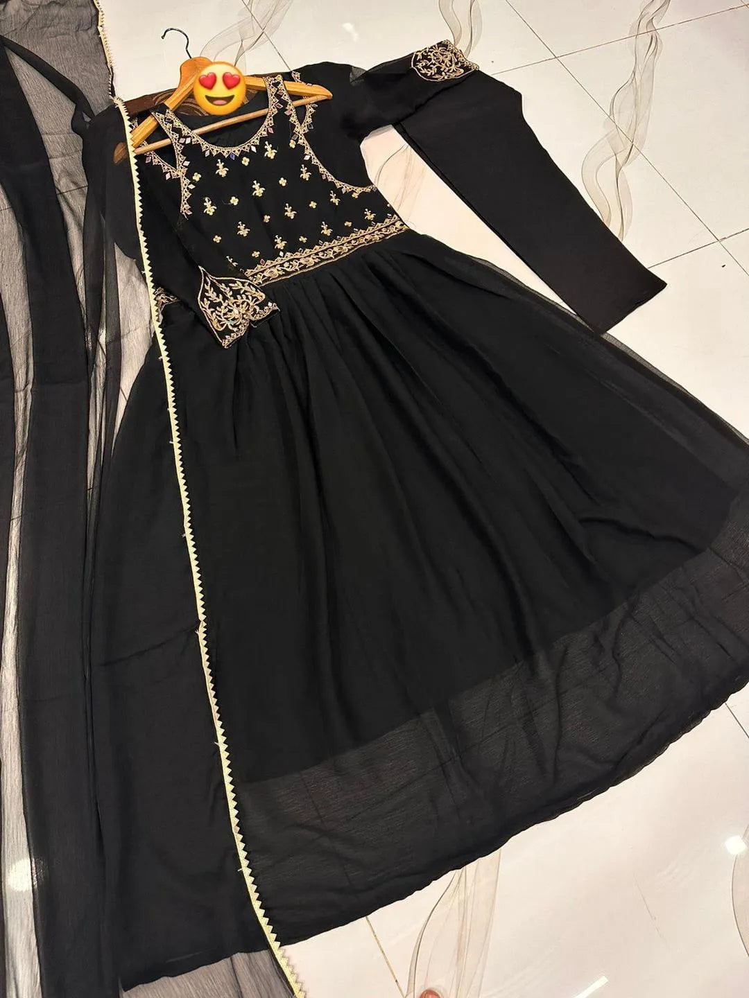 Black Embroidered Maxi Suit with Lace Dupatta & Trouser Set