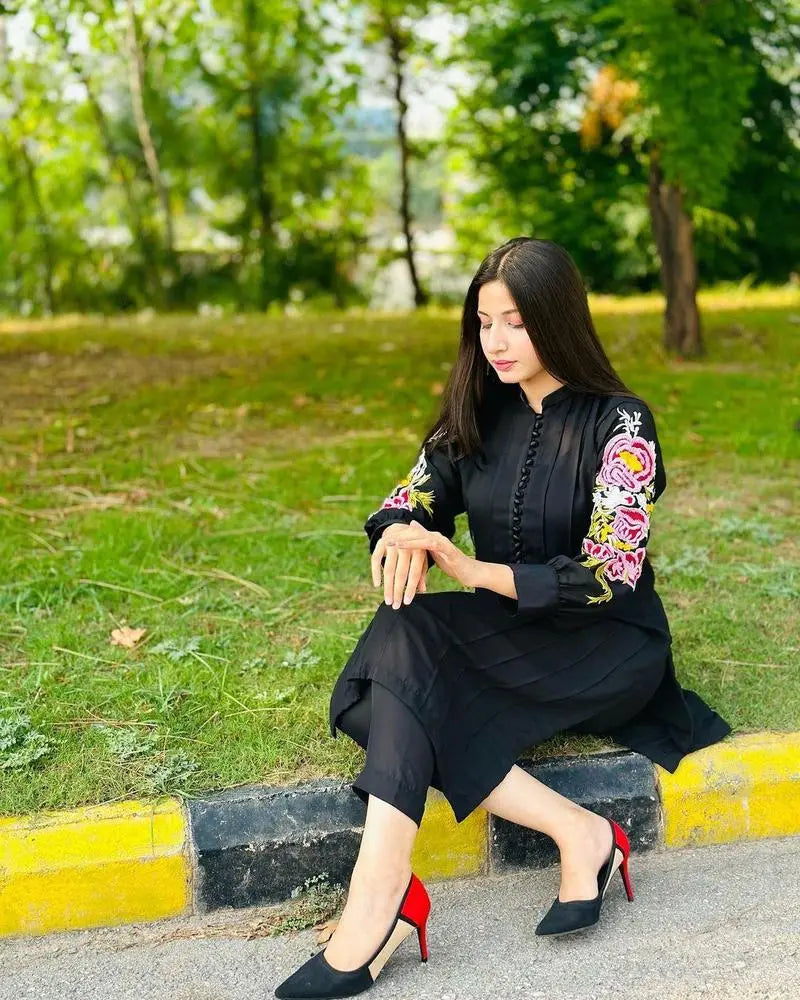 2 Pcs Women's Stitched Arabic Lawn Embroidered Suit at One Spot