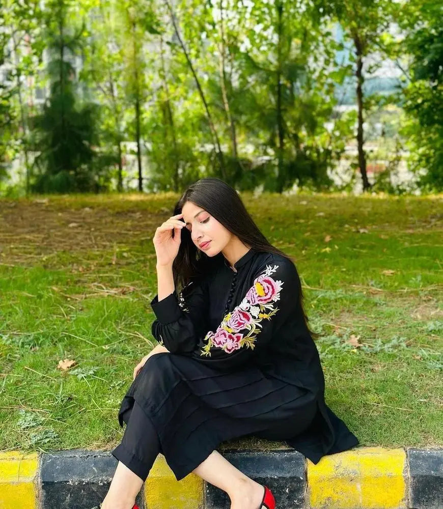 2 Pcs Women's Stitched Arabic Lawn Embroidered Suit at One Spot