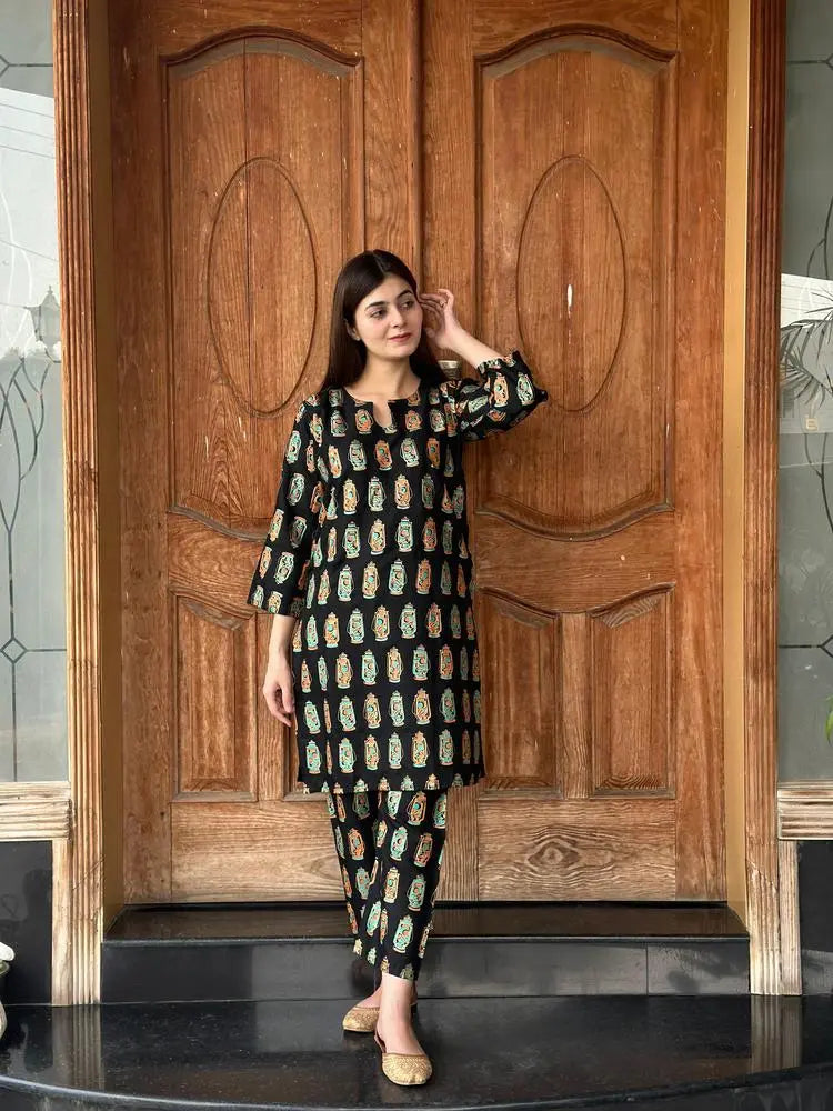 2 Pcs Women's Stitched Arabic Lawn Printed Shirt And Trouser at One Spot