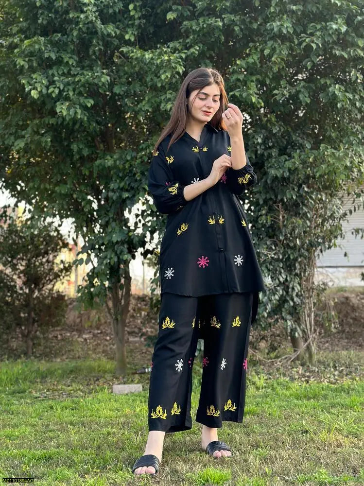 2 Pcs Women's Stitched Linen Embroidered Suit at One Spot