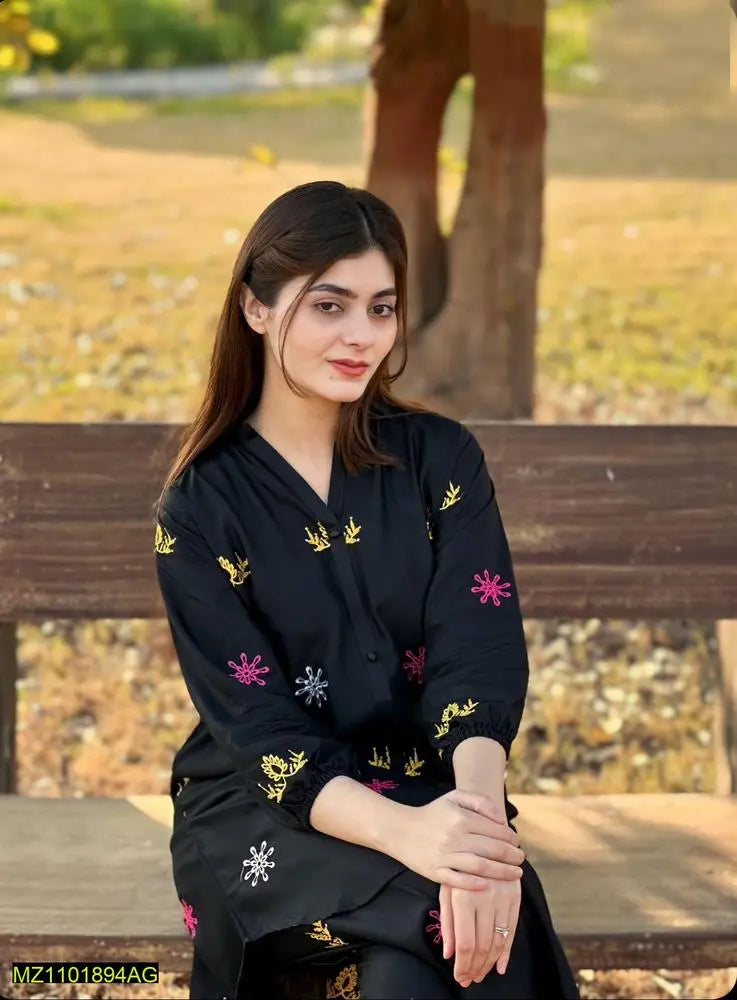 2 Pcs Women's Stitched Linen Embroidered Suit at One Spot
