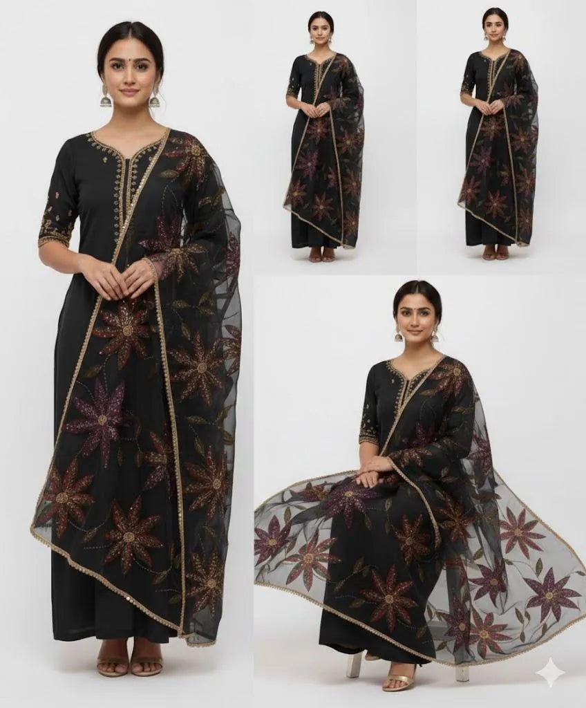 Party Wear Suit Unstitched | Dress for Women | 2 Piece Dress with Handwork Stone & Beadwork Organza Shirt and Zari Beadwork Dupatta | Customized