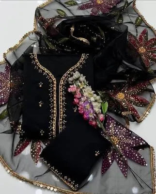 Party Wear Suit Unstitched | Dress for Women | 2 Piece Dress with Handwork Stone & Beadwork Organza Shirt and Zari Beadwork Dupatta | Customized