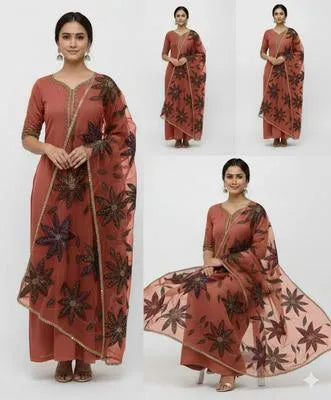 Party Wear Suit Unstitched | Dress for Women | 2 Piece Dress with Handwork Stone & Beadwork Organza Shirt and Zari Beadwork Dupatta | Customized