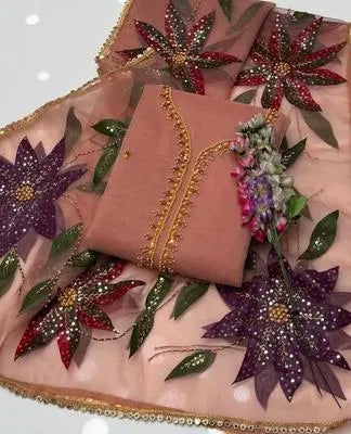 Party Wear Suit Unstitched | Dress for Women | 2 Piece Dress with Handwork Stone & Beadwork Organza Shirt and Zari Beadwork Dupatta | Customized