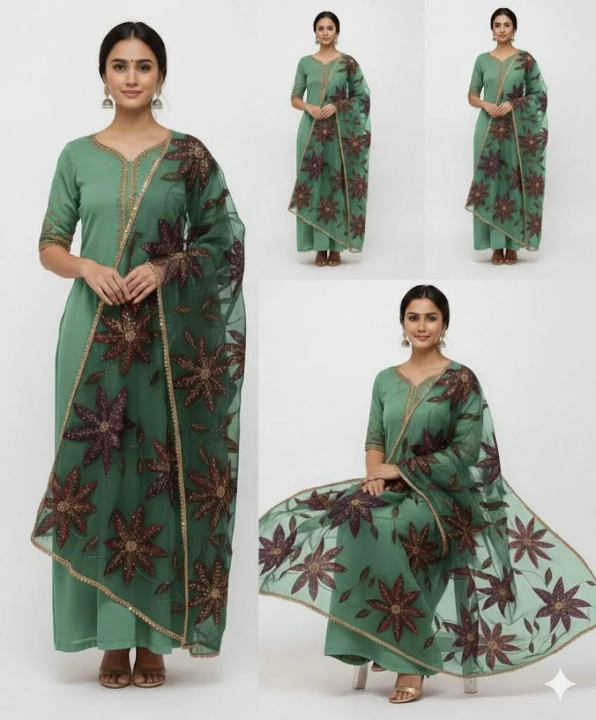 Women’s Party Wear Suit Unstitched | Dress for Women | 2 Piece Dress with Handwork Stone & Beadwork Organza Shirt and Zari Beadwork Dupatta | Customized