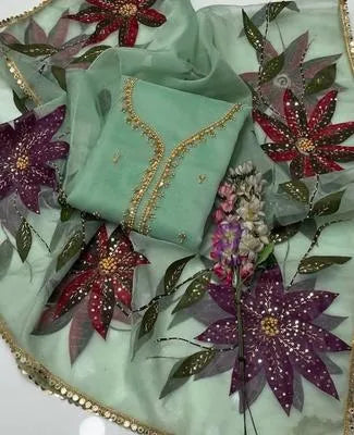 Women’s Party Wear Suit Unstitched | Dress for Women | 2 Piece Dress with Handwork Stone & Beadwork Organza Shirt and Zari Beadwork Dupatta | Customized