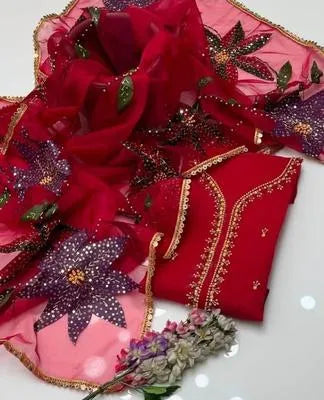 Party Wear Suit Unstitched | Dress for Women | 2 Piece Dress with Handwork Stone & Beadwork Organza Shirt and Zari Beadwork Dupatta | Customized