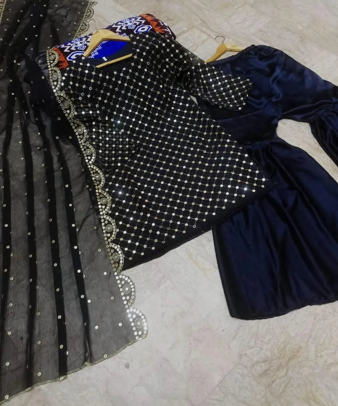 Black Chiffon Sequin 3-Piece Suit for Women
