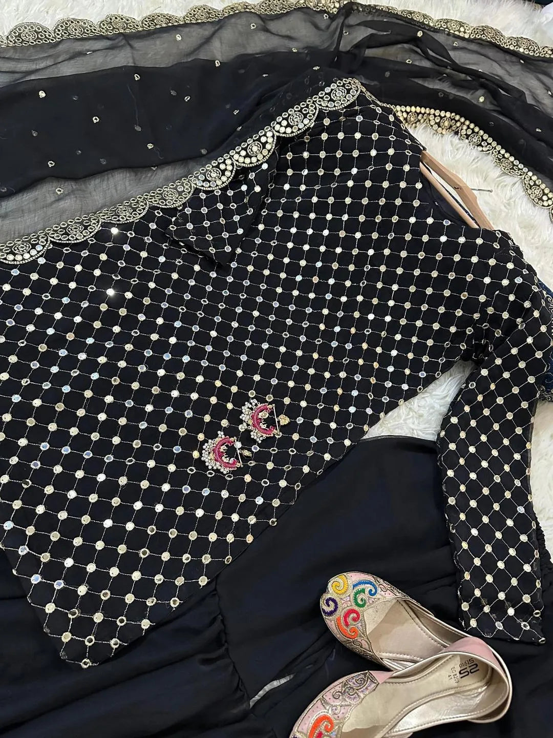 Black Chiffon Sequin 3-Piece Suit for Women