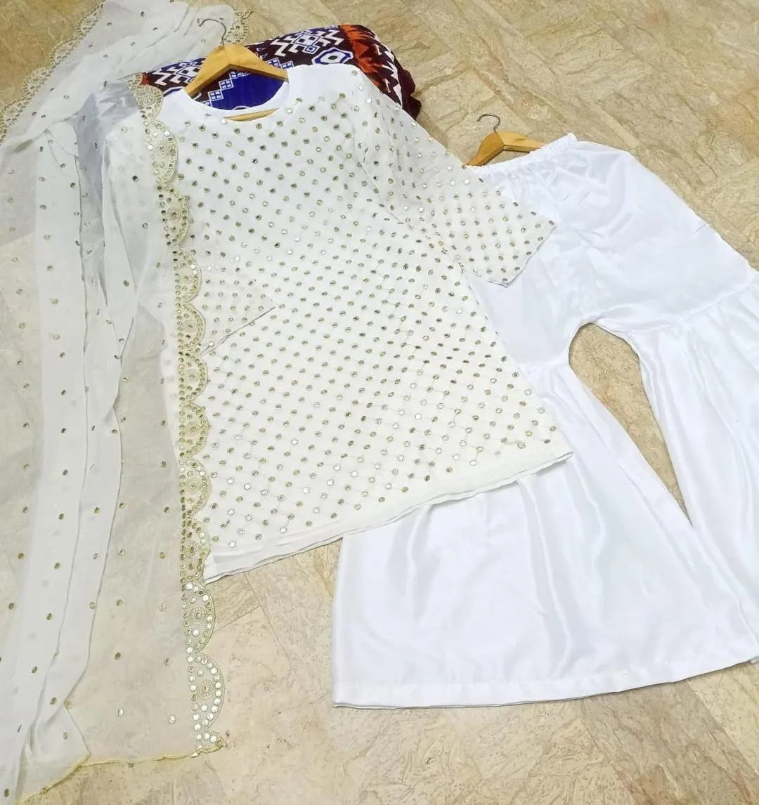 White Chiffon 3-Piece Suit with Sequins & Dupatta