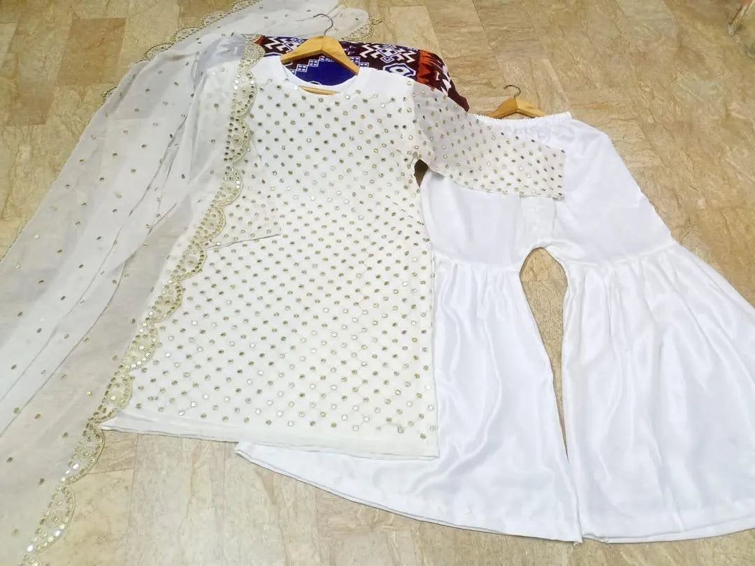 White Chiffon 3-Piece Suit with Sequins & Dupatta