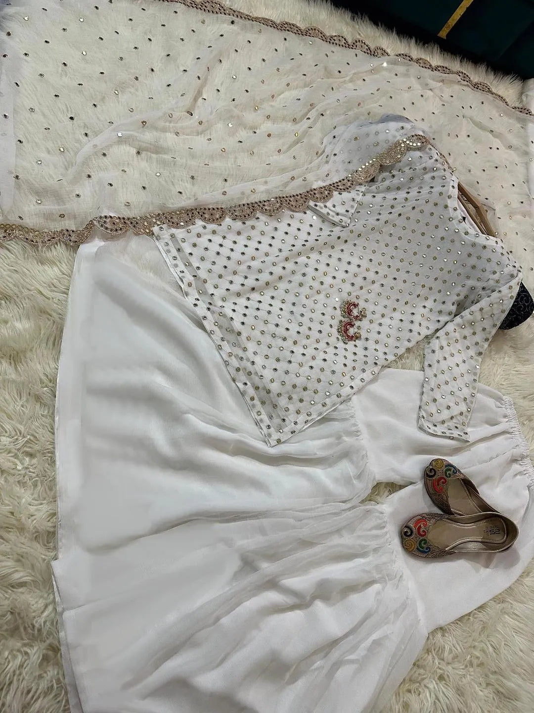 White Chiffon 3-Piece Suit with Sequins & Dupatta