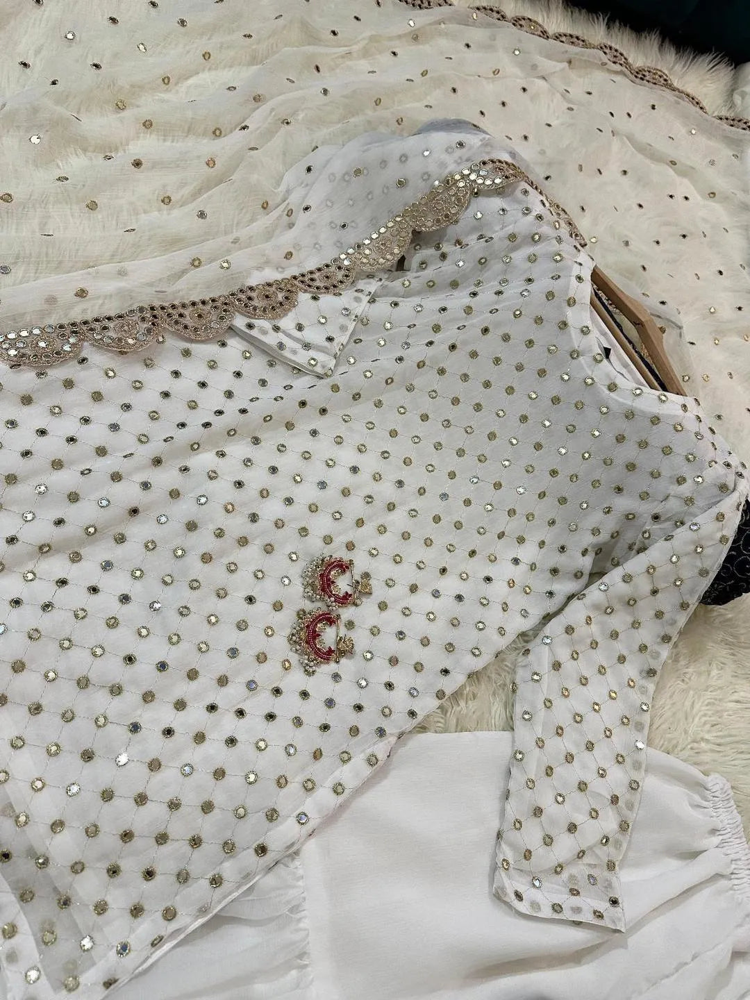 White Chiffon 3-Piece Suit with Sequins & Dupatta