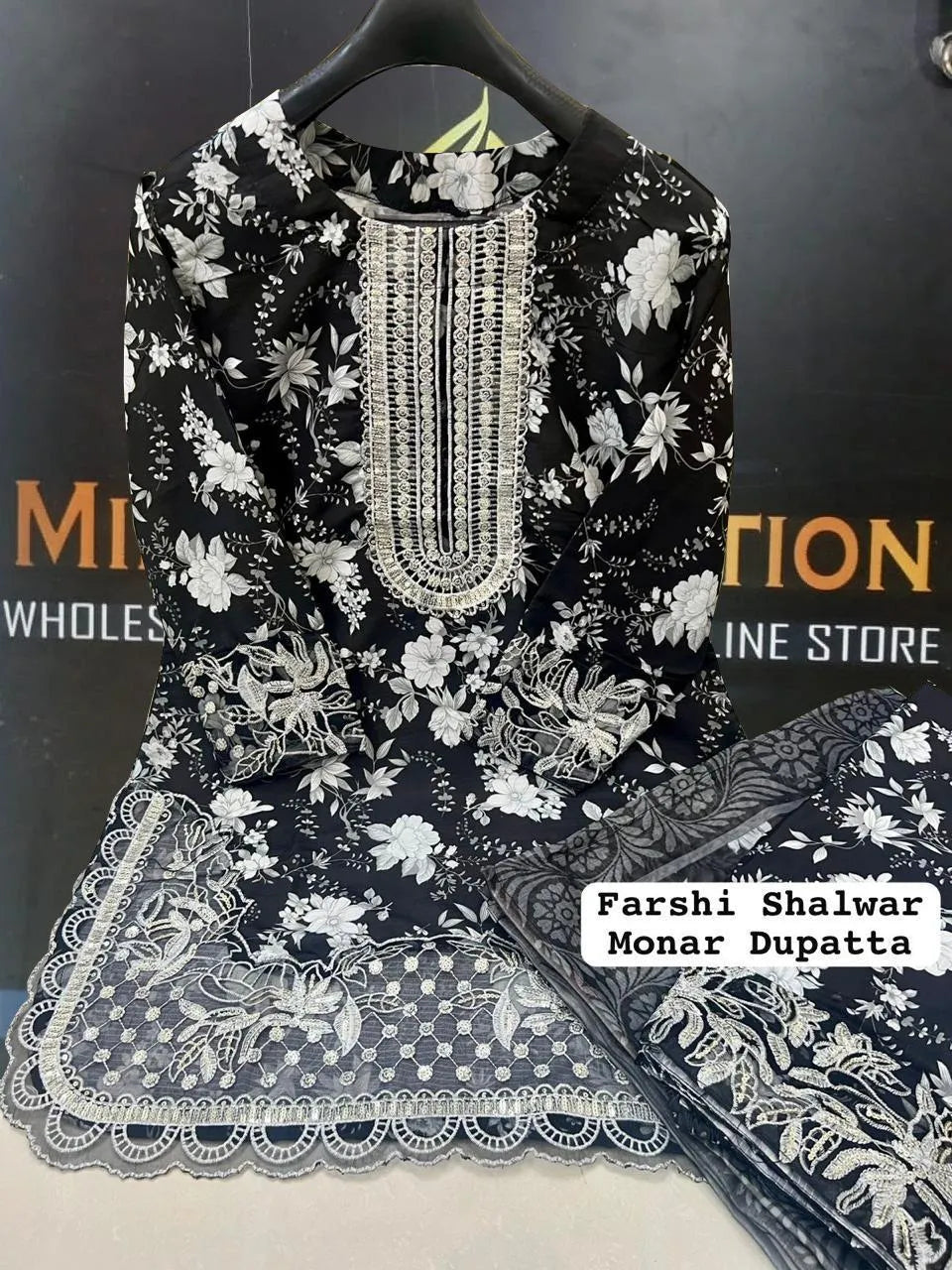 Farshi Shalwar With Monar Dupatta 3Pcs Black White Floral