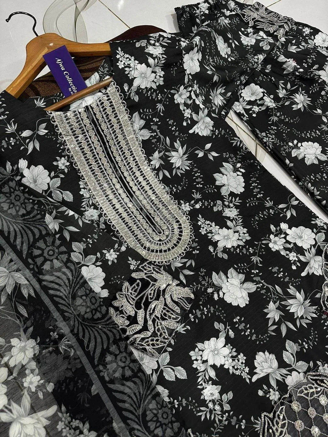 Farshi Shalwar With Monar Dupatta 3Pcs Black White Floral