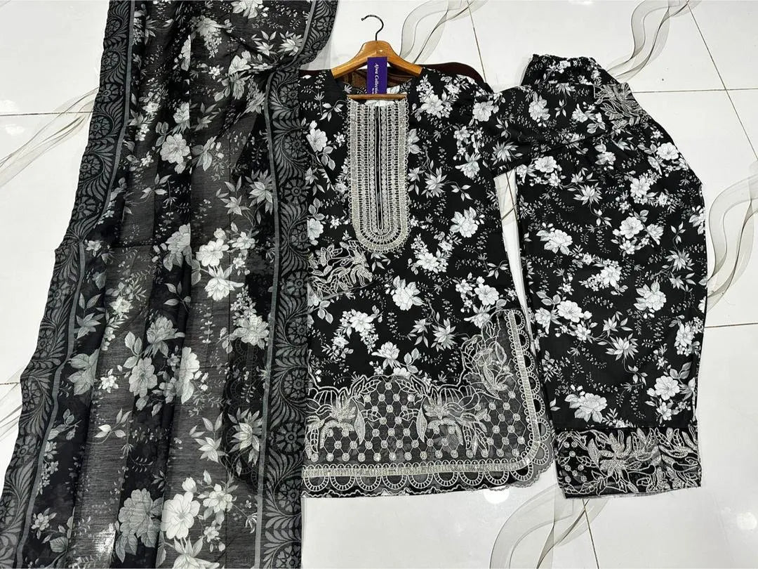 Farshi Shalwar With Monar Dupatta 3Pcs Black White Floral