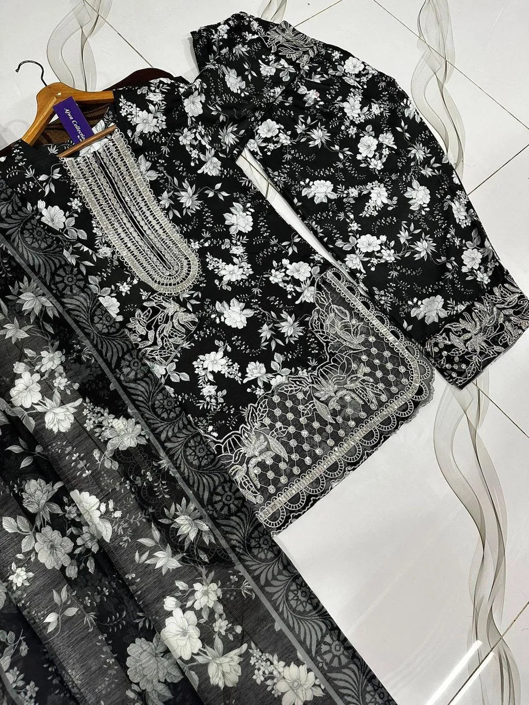 Farshi Shalwar With Monar Dupatta 3Pcs Black White Floral