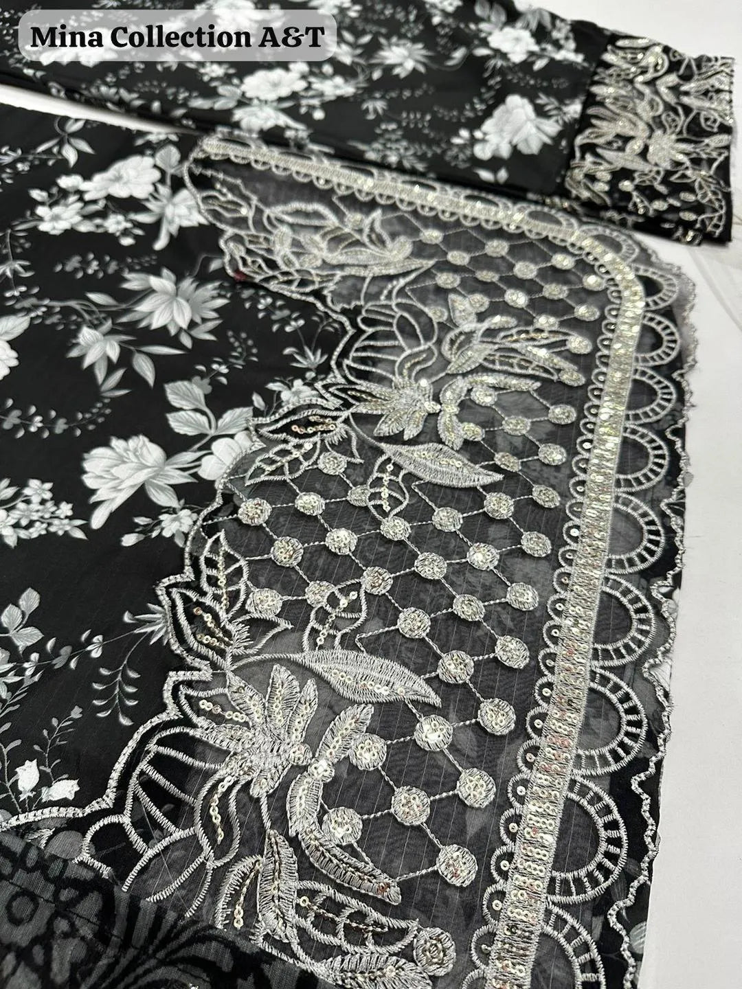 Farshi Shalwar With Monar Dupatta 3Pcs Black White Floral
