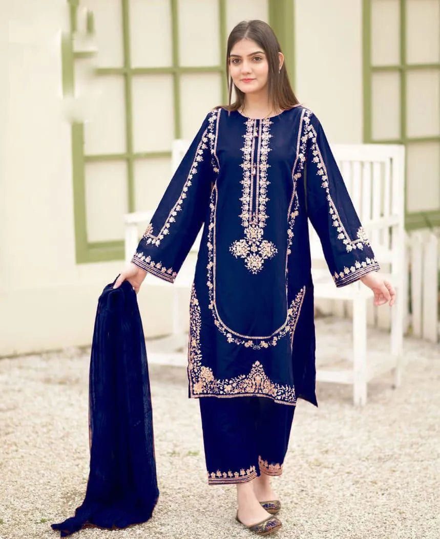 Blue Embroidered 3-Piece Shamoz Silk Suit for Women