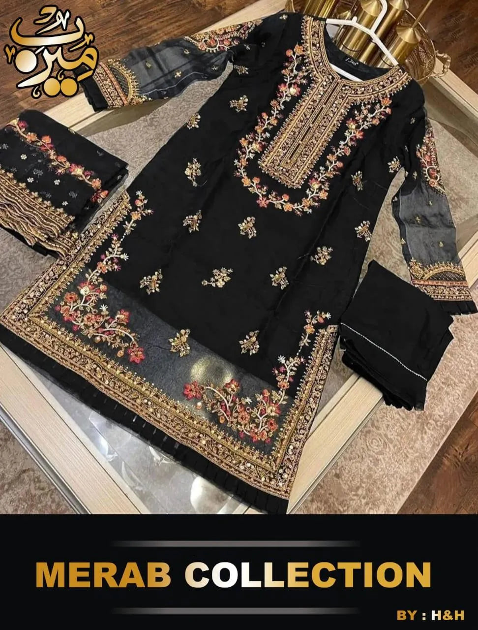 Black Organza 3-Piece Suit with Handwork & Pearls for Eid