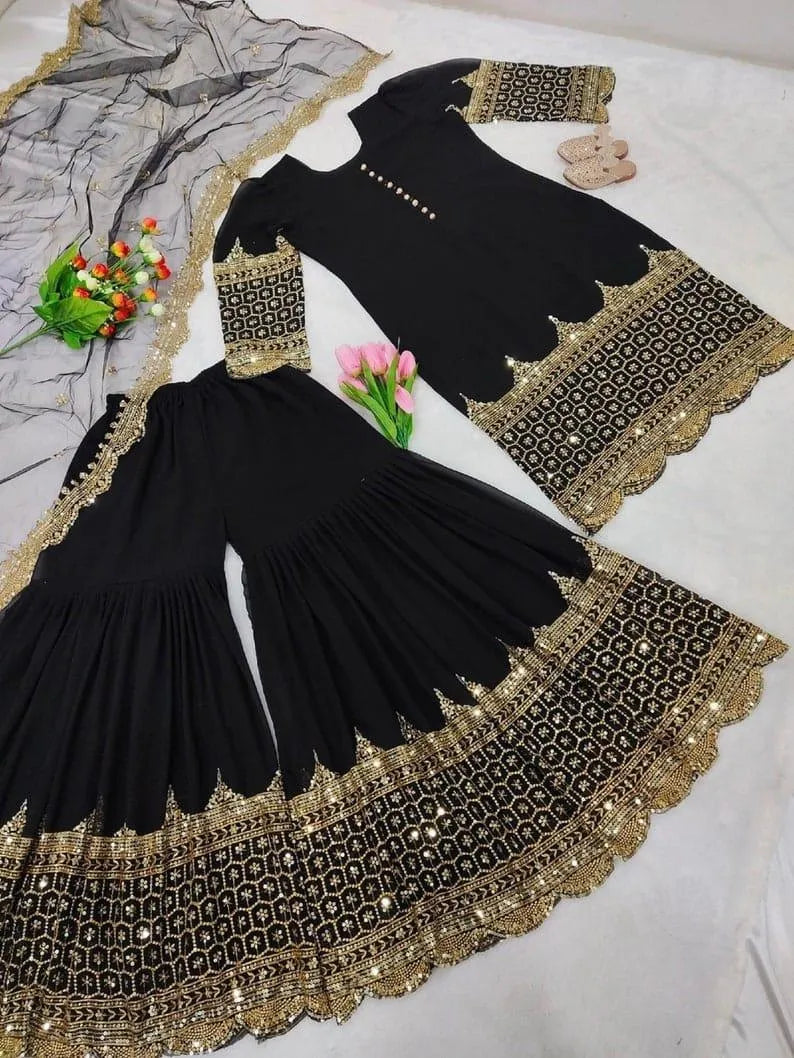 Black Gold Embroidered 3-Piece Shamoz Silk Suit for Eid Parties