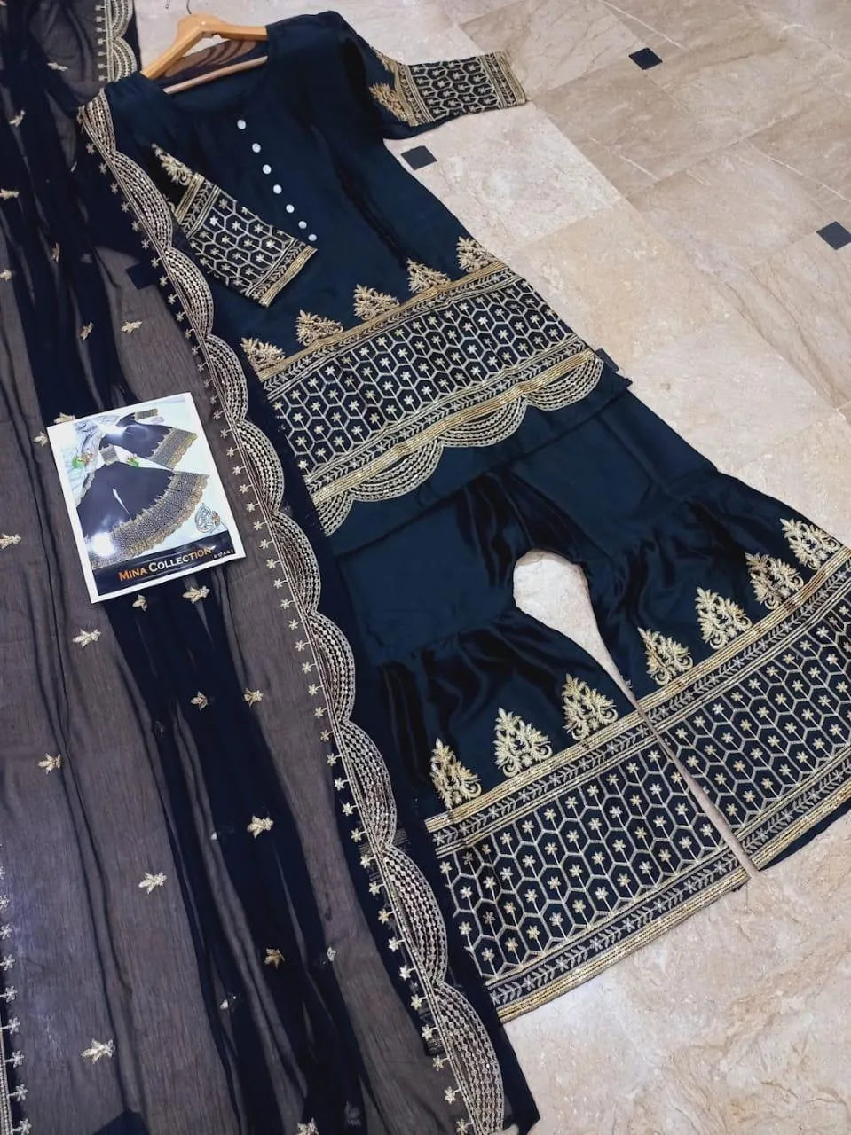Black Gold Embroidered 3-Piece Shamoz Silk Suit for Eid Parties