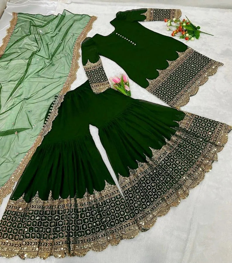 Green Shamoz Silk 3-Piece Wedding Suit with Gold Embroidery