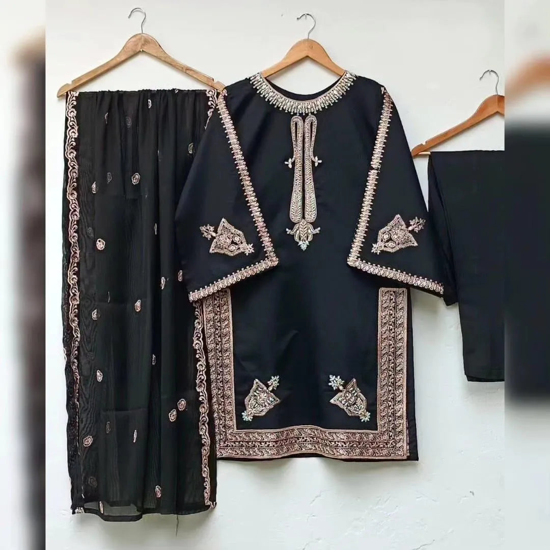 Black Shamoz Silk 3-Piece Suit with Embroidery & Chiffon Dupatta