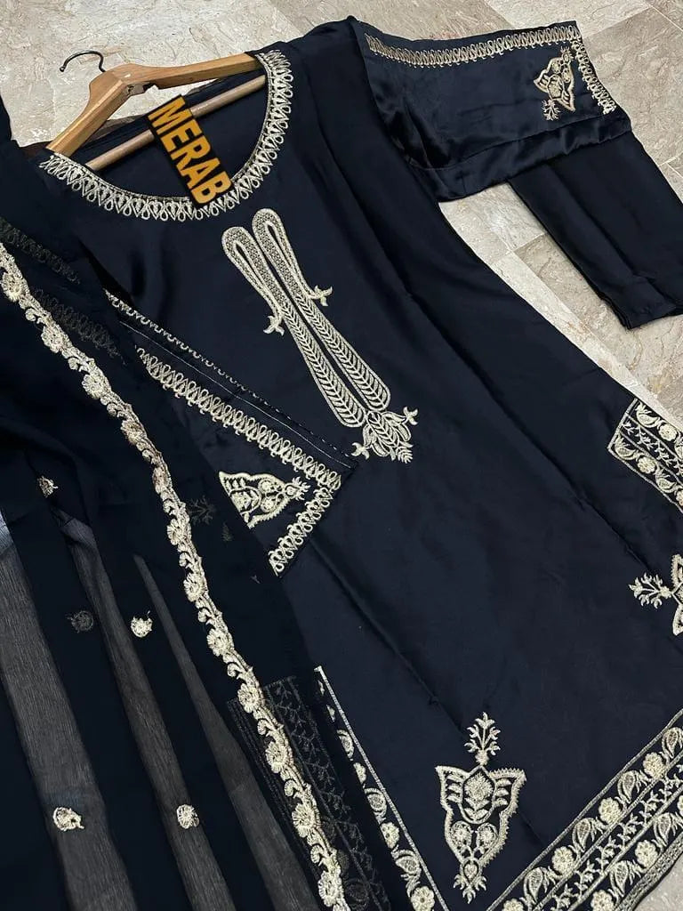 Black Shamoz Silk 3-Piece Suit with Embroidery & Chiffon Dupatta