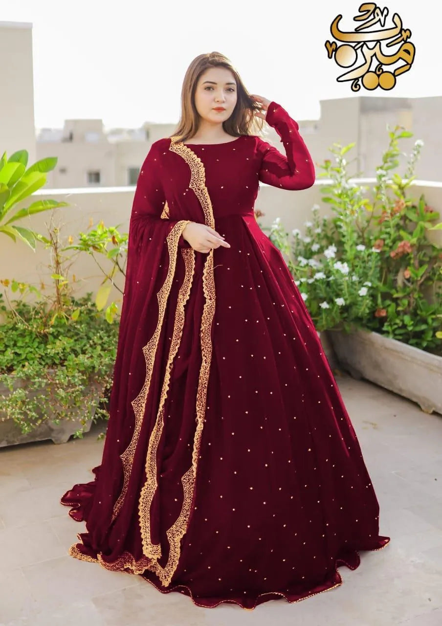Maroon Chiffon Embroidered Maxi 3Pcs Set