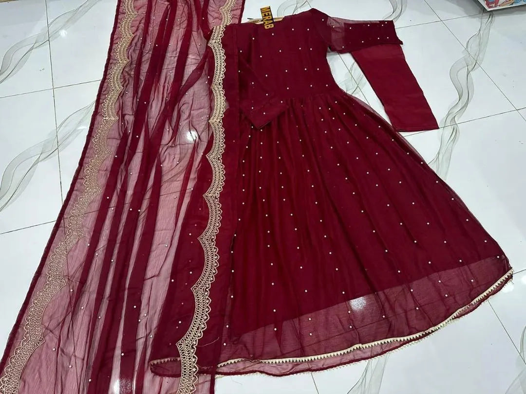 Maroon Chiffon Embroidered Maxi 3Pcs Set