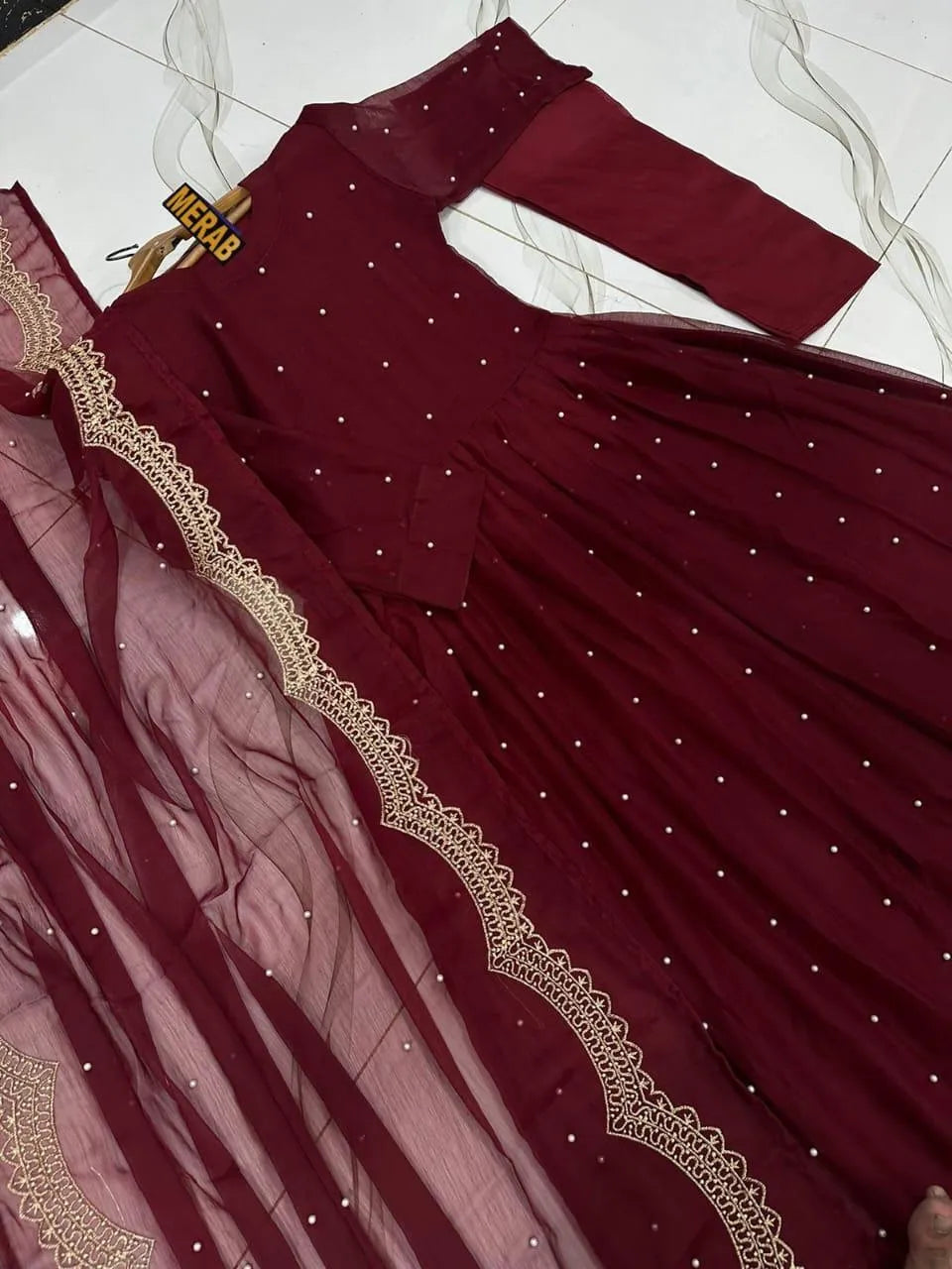 Maroon Chiffon Embroidered Maxi 3Pcs Set